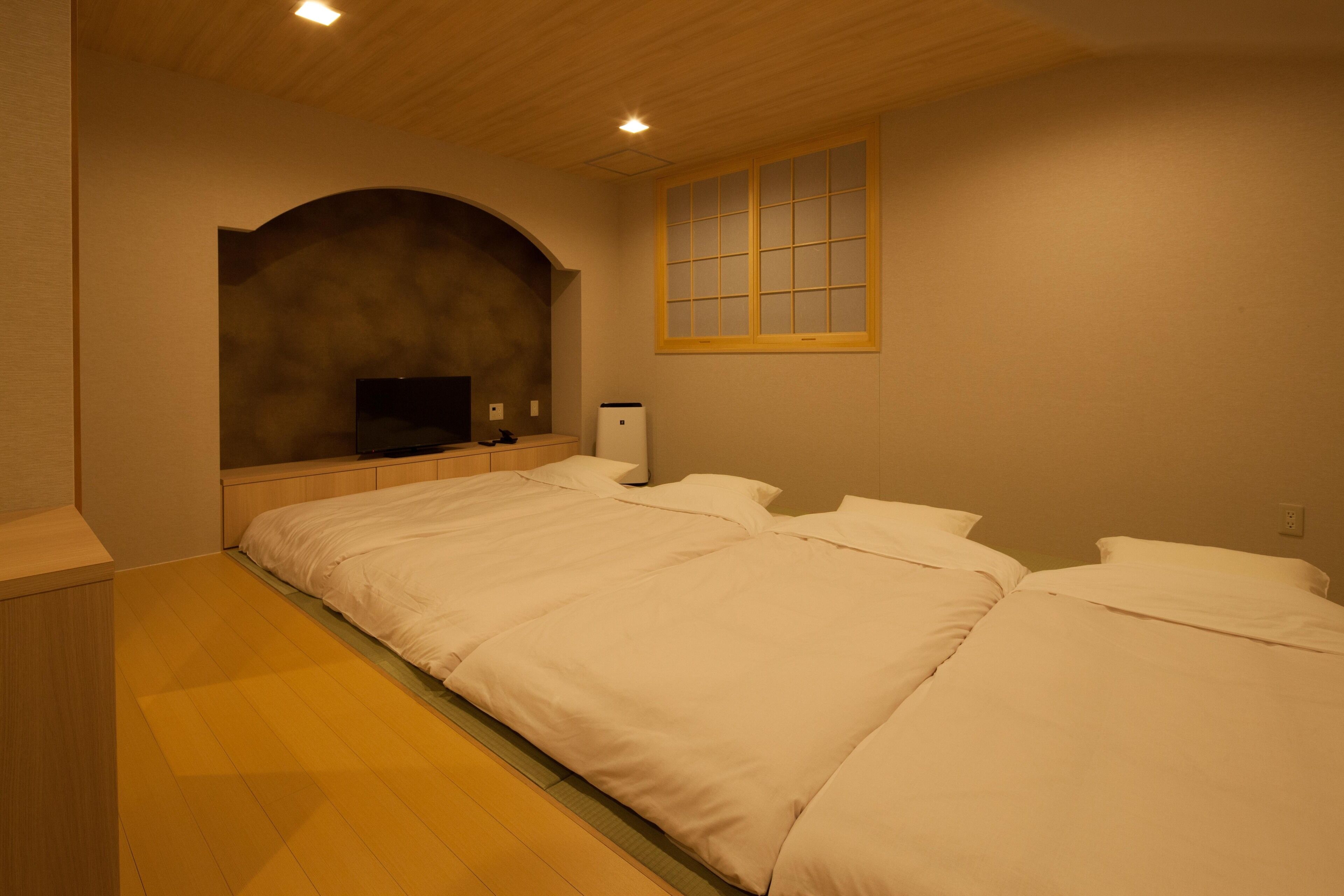 A bedroom with a large bed, a TV, and a heater.
