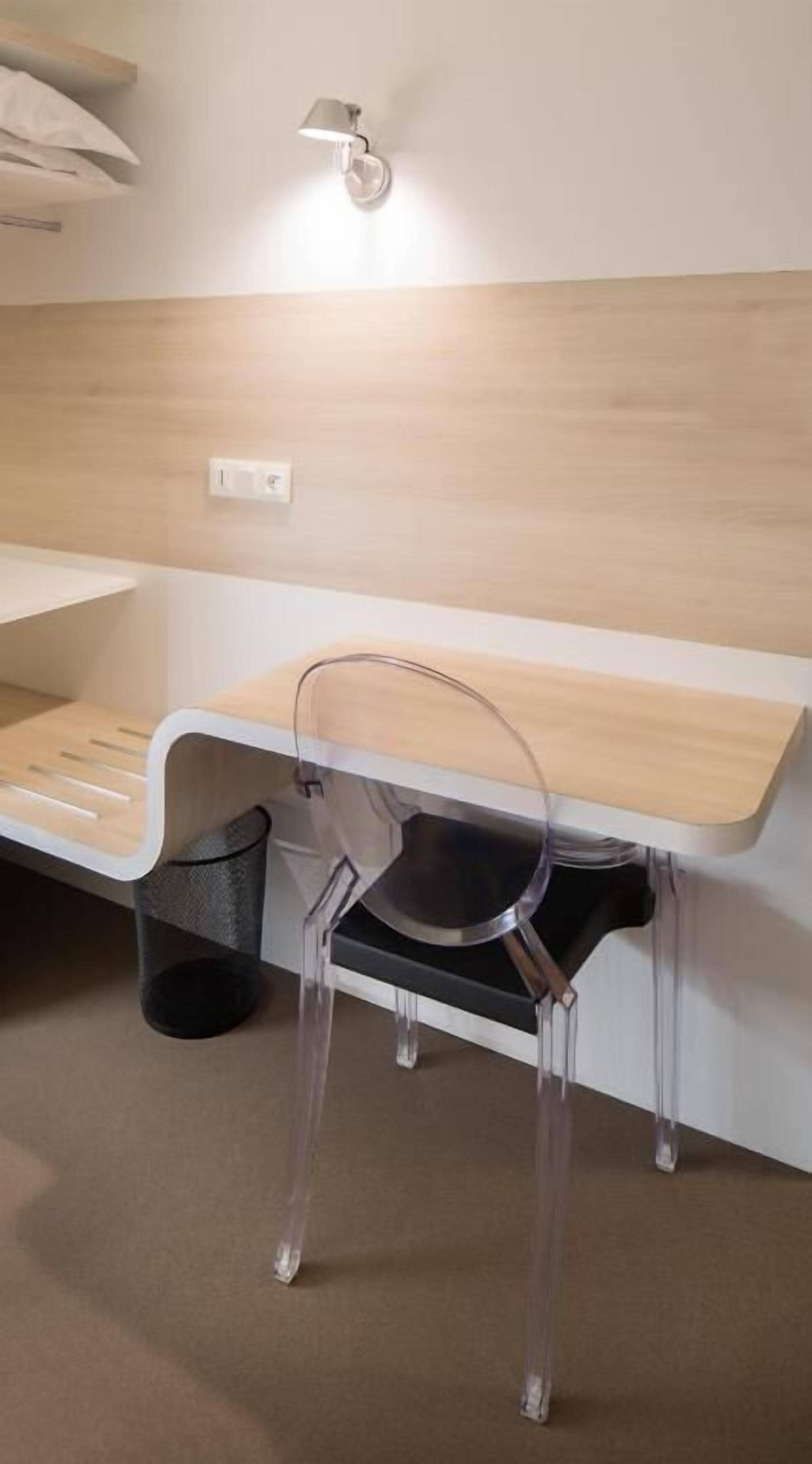 desk, laptop workspace, blackout curtains, iron/ironing board