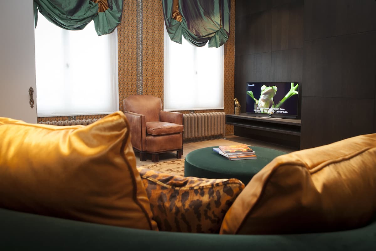 A living room with a leather armchair, a green ottoman, and a television displaying a frog.