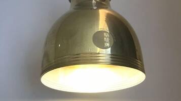 A metallic pendant light fixture with a reflective surface and a label.