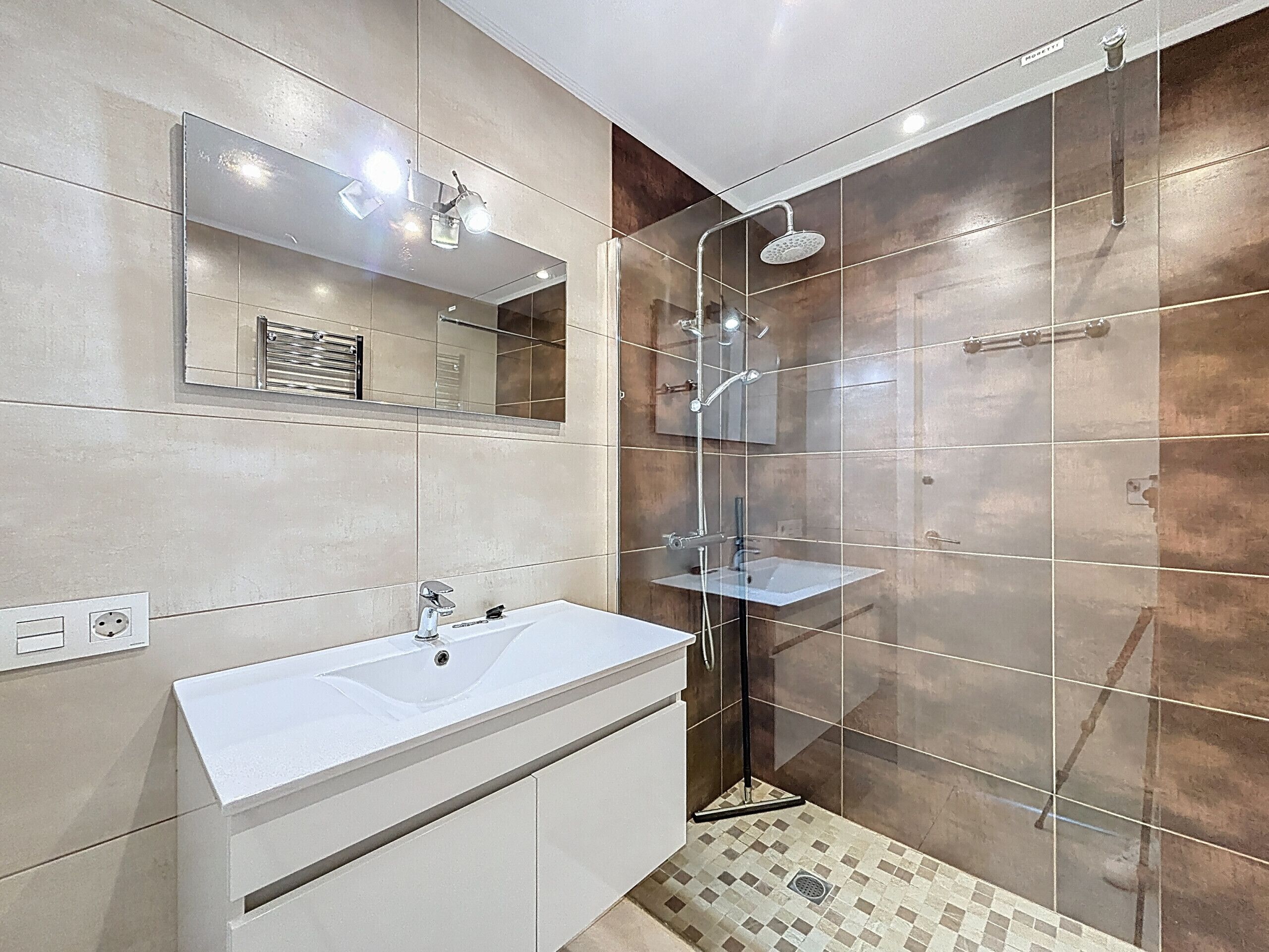 A modern bathroom with a glass shower enclosure, a white sink, and a large mirror.
