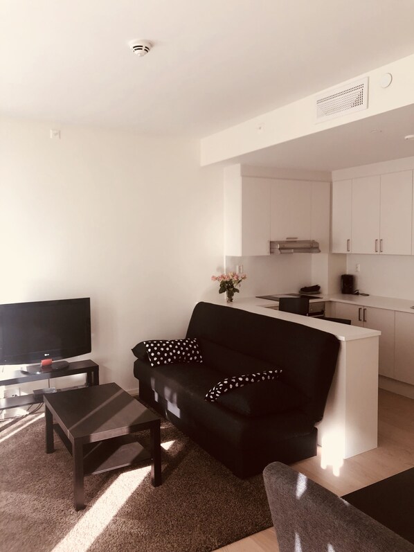 A modern living room with a black sofa, a TV on a stand, a small table, and a kitchen area with white cabinets and a countertop.
