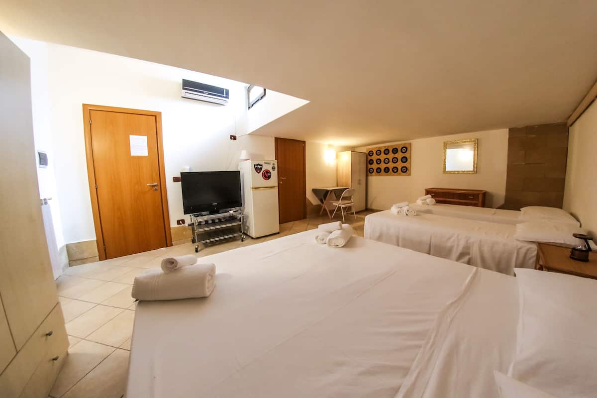 A hotel room with two beds, a television, a refrigerator, and a wall-mounted mirror.