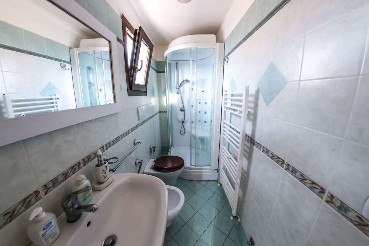 A bathroom with a sink, toilet, shower, and a mirror.