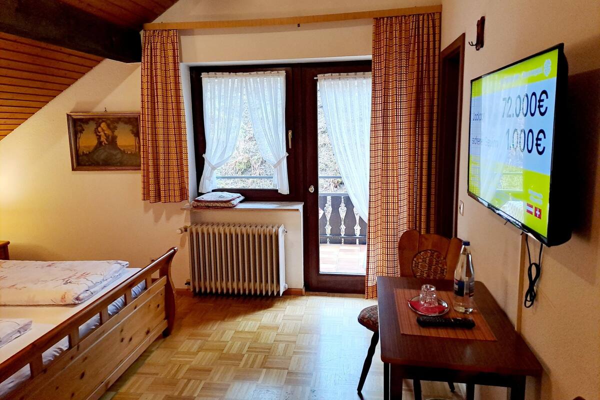 A room with a bed, a table with a bottle and glasses, a radiator, a window with curtains, and a TV displaying a price.
