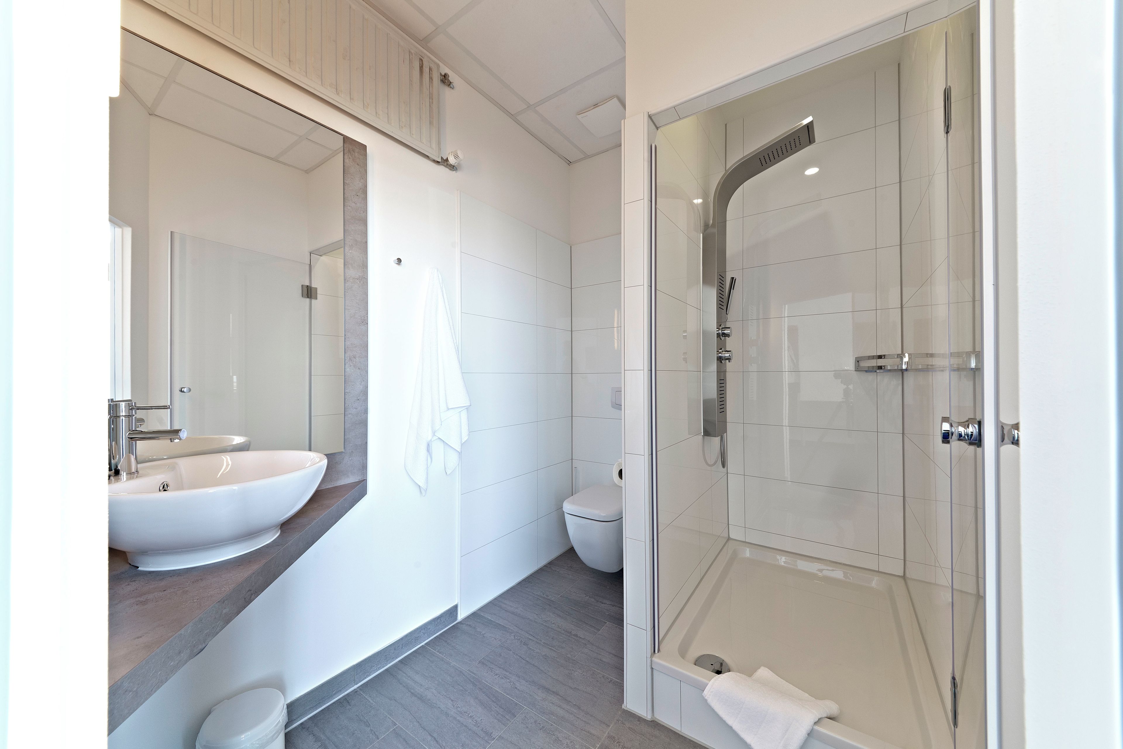 A modern bathroom with a large sink, mirror, toilet, and a glass-enclosed shower area.
