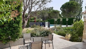 An outdoor patio with four chairs and a small table, surrounded by lush greenery and a view of a swimming pool. - Le Vieux Platane (Cairanne)