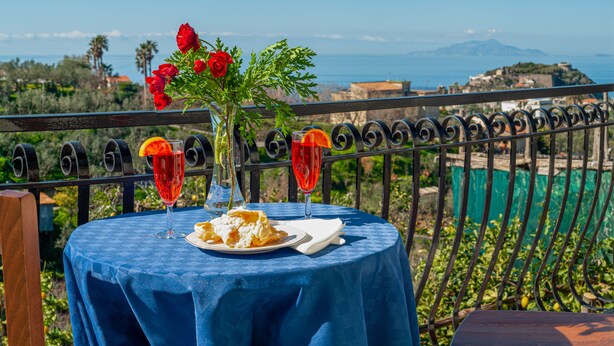 A table with a blue tablecloth, a vase with red flowers, two glasses of red drink, and a plate of food on a balcony overlooking a scenic landscape. - Nature, Relax and Sea view! (Massa Lubrense)