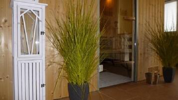A wooden door with a white decorative panel, a potted plant, and a tiled floor.