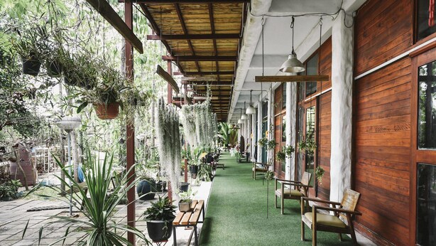 Un espacio al aire libre cubierto con césped artificial, bancos de madera y plantas colgantes.