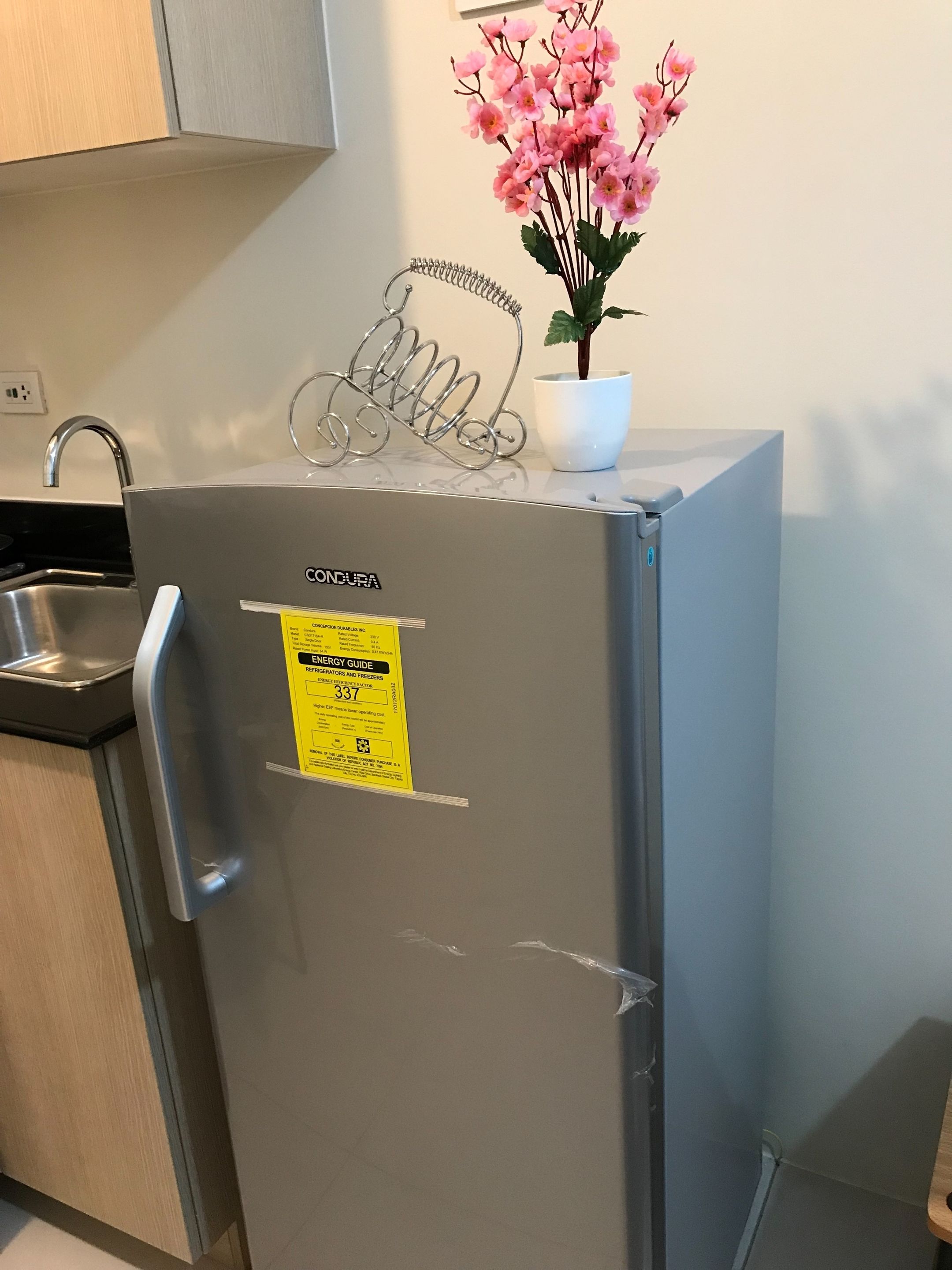 Eine Küche mit einem Edelstahl-Kühlschrank, einer Spüle und einer Topfpflanze auf dem Kühlschrank.