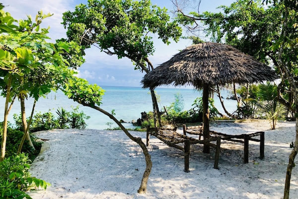 Beach nearby, white sand, sun loungers, kayaking