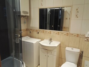 A bathroom with a glass shower enclosure, a white sink, a toilet, and a mirror above the sink.