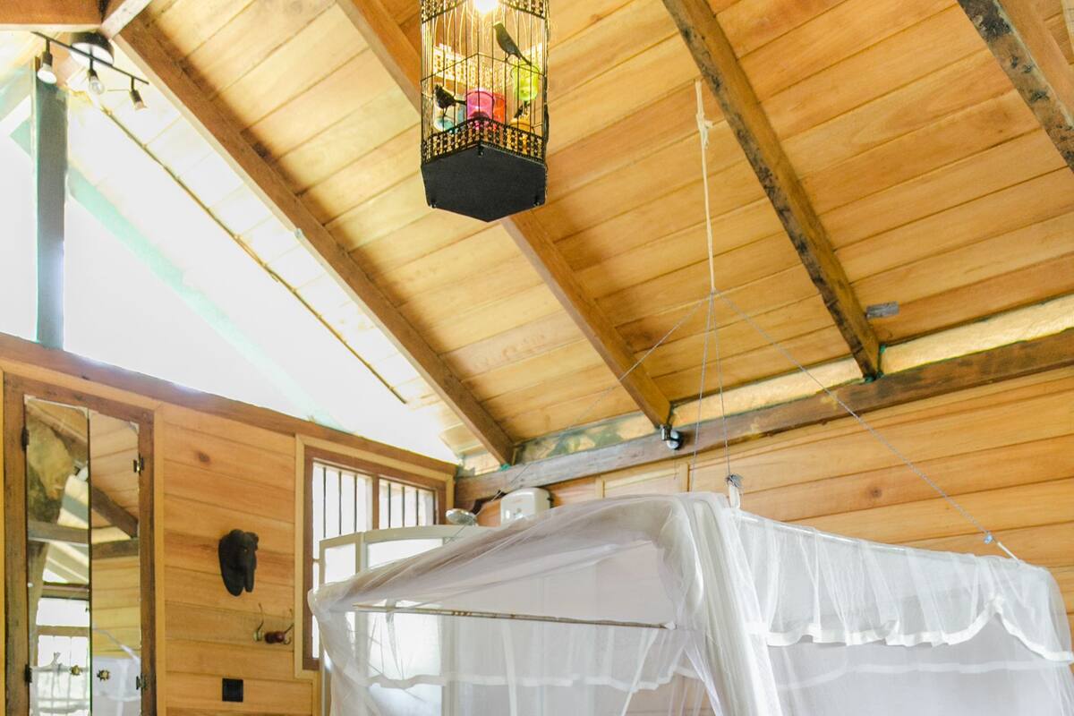 A wooden room with a bed, a wooden dresser, a mirror, and a hanging light fixture.