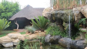 A naturalistic garden with a rock waterfall, a thatched-roof structure, and various tropical plants. - Bushmans Rock Country Lodge (Roodeplaat)