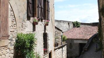 Un carrer empedrat i estret, flanquejat per edificis històrics de pedra amb persianes de fusta i jardineres amb flors.