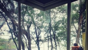 A room with a large window overlooking a river and trees, a wicker chair, and a bed. - Andrea Lodges (Riviere des Anguilles)