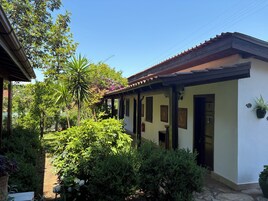 A traditional building with a tiled roof, a covered porch, and a garden with various plants and a palm tree.
