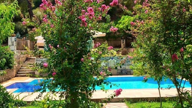 A pool surrounded by lush greenery and pink flowering bushes. - Kamarca House Hotel (Ortaca)