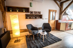 Apartamento com design assinado, 1 quarto | Área de estar | TV de tela plana