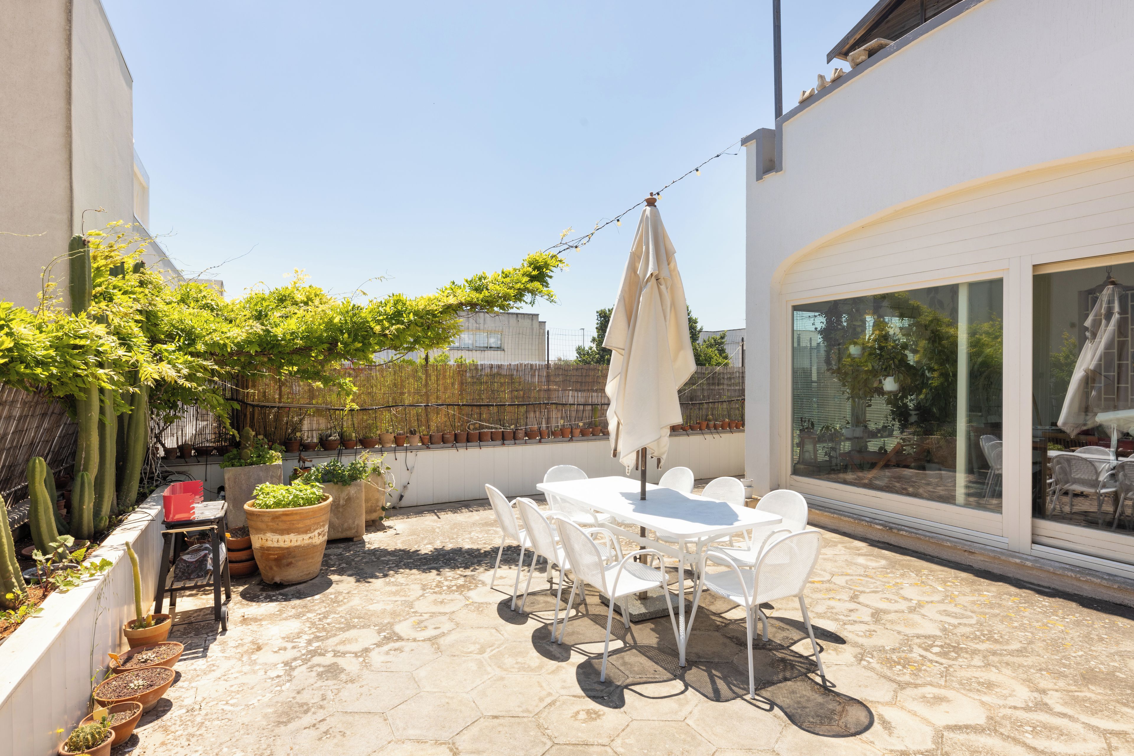 Une terrasse extérieure avec une table et des chaises, des plantes en pot et une guirlande lumineuse.