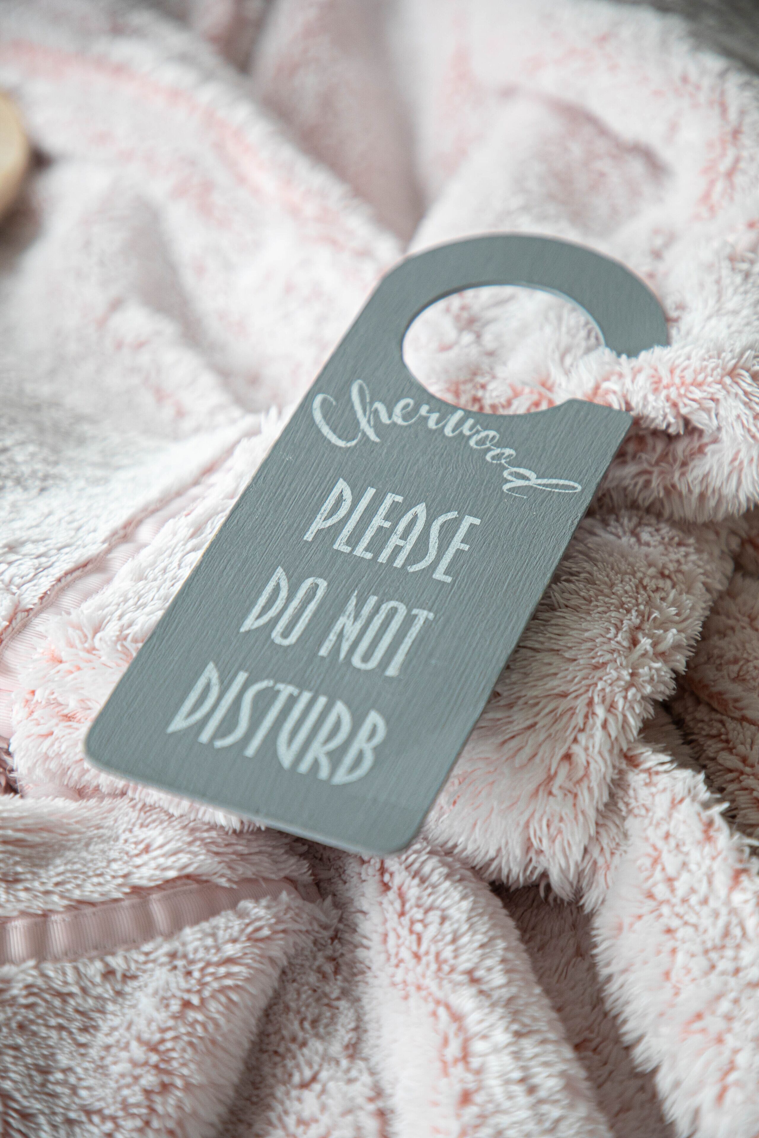 A sign with the text "Please do not disturb" on a fluffy pink blanket.