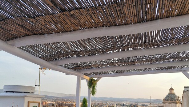 An outdoor terrace with wicker furniture, potted plants, and a view of the cityscape.