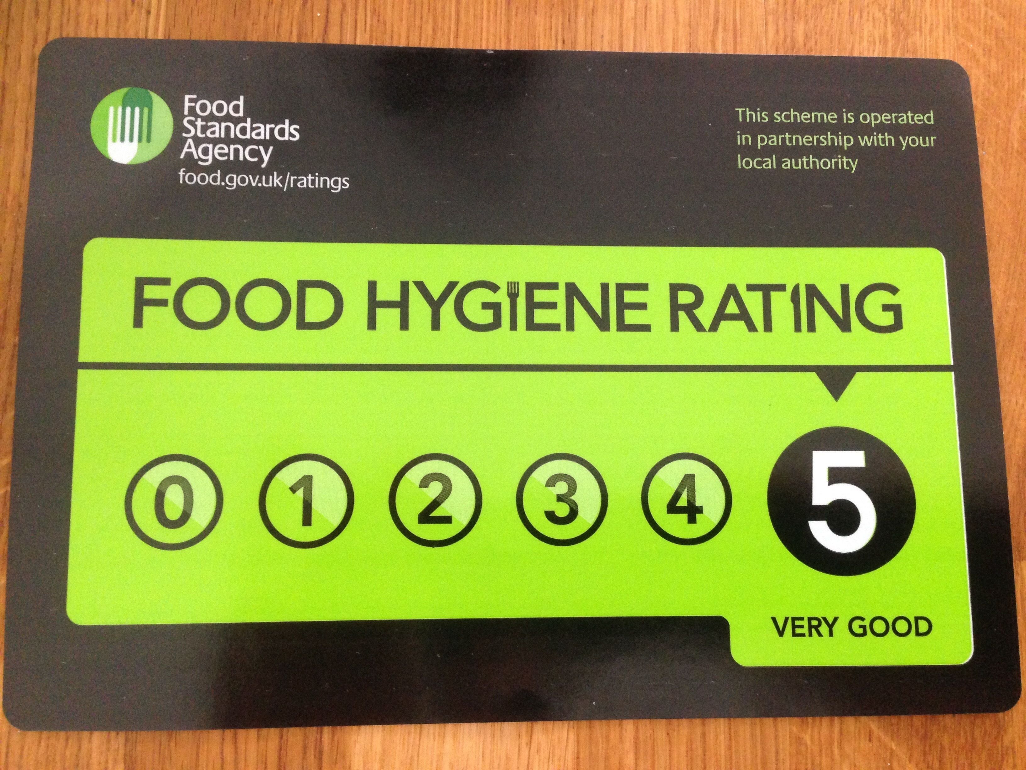 A food hygiene rating card with a 5-star rating and the label "VERY GOOD".