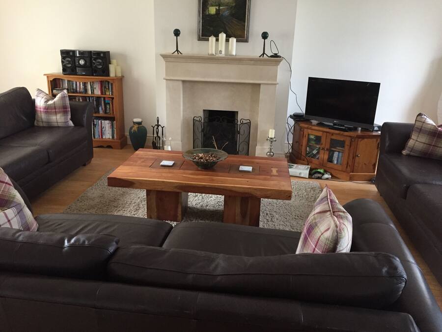Una sala de estar con chimenea, televisor, estantería y sofá.