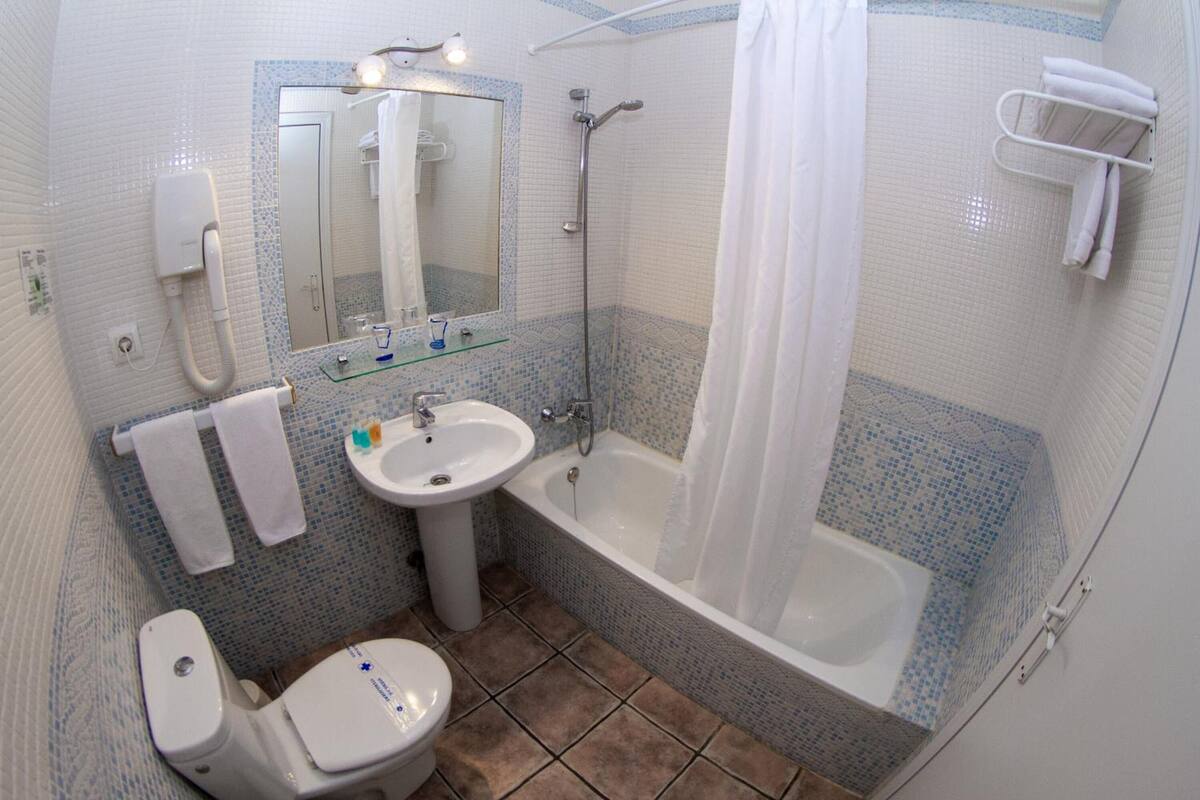 deep-soaking bathtub, free toiletries, bidet, towels