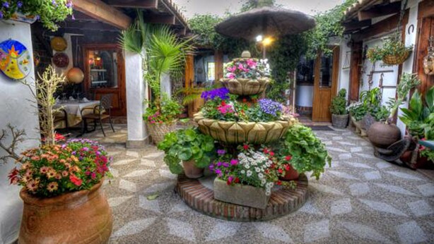 A courtyard with a central fountain surrounded by potted plants and flowers. - Hotel Almadraba (Barbate)