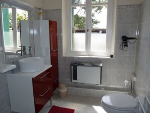 Shower, hair dryer, towels