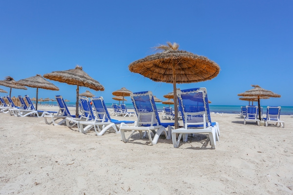 Private beach, white sand, sun-loungers, beach umbrellas