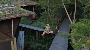 A wooden walkway connecting elevated structures in a lush, green environment.