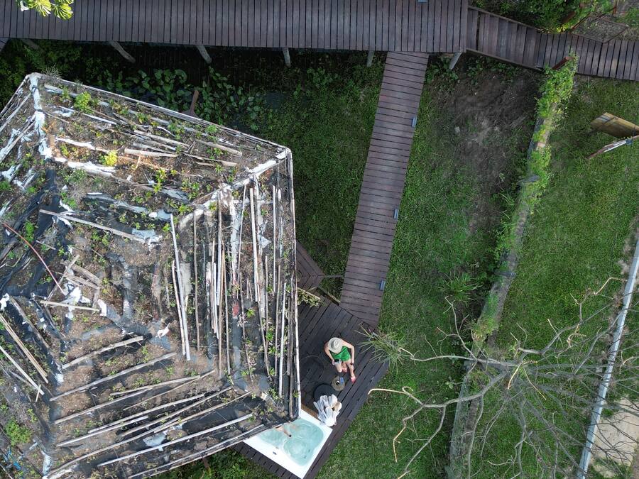 An aerial view of a garden with a glass greenhouse structure, a wooden deck, and a pathway.