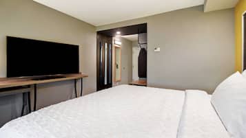 Habitación de hotel con una cama grande, un televisor de pantalla plana sobre un soporte de madera, un espejo y una puerta que da a otra habitación.