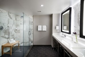 Een douche, een regendouche, designer toiletartikelen, een haardroger