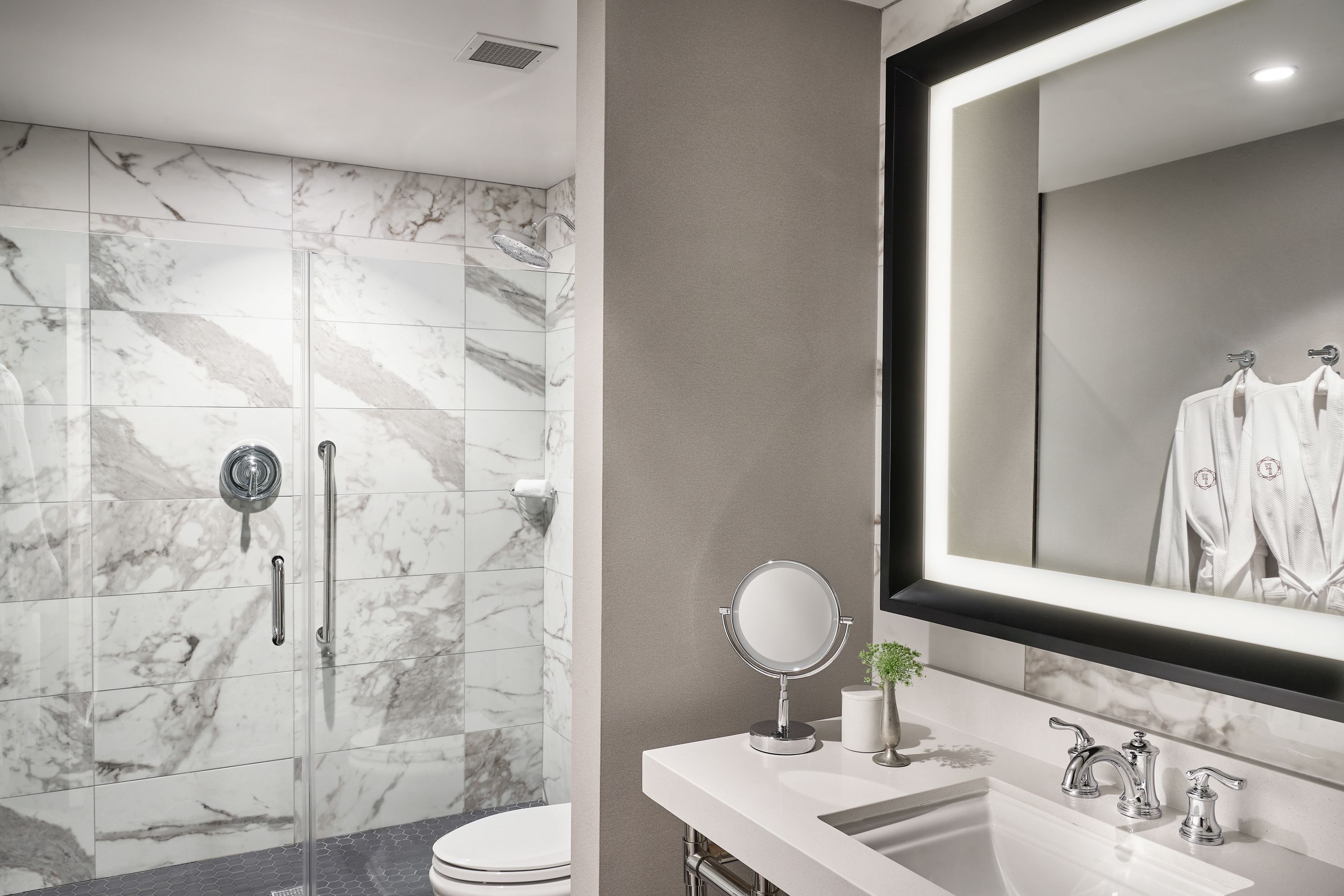 shower, rainfall showerhead, designer toiletries, hair dryer