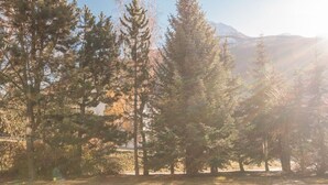 A park with tall trees, a paved path, and a mountain in the background. - Cozy studio with mountain nook for 4 people in Chantemerle (Saint-Chaffrey)