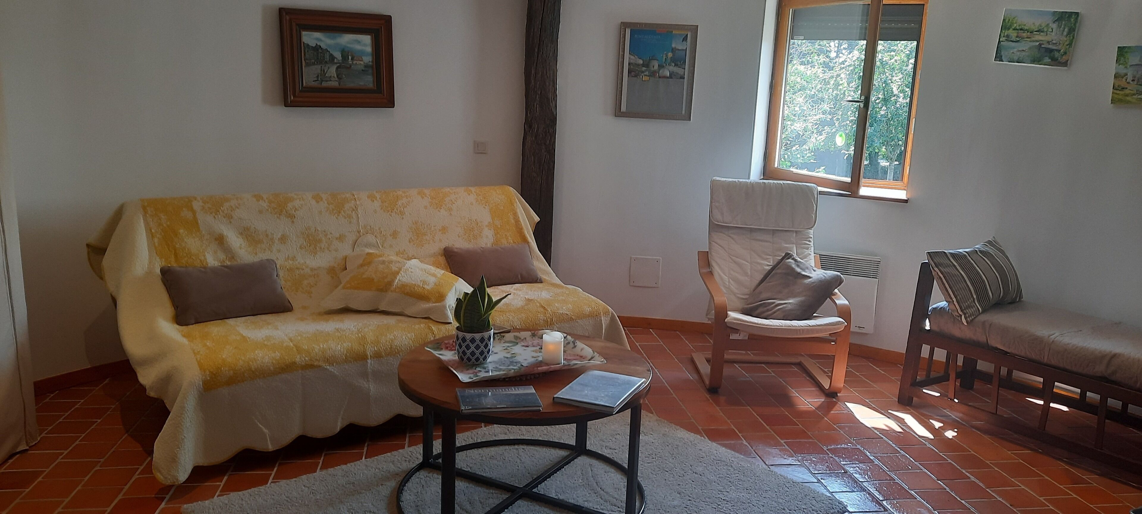 Televisie, een open haard, een dvd-speler en boeken