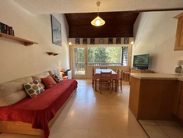 A cozy living room with a sofa, a dining table, and a kitchen area.
