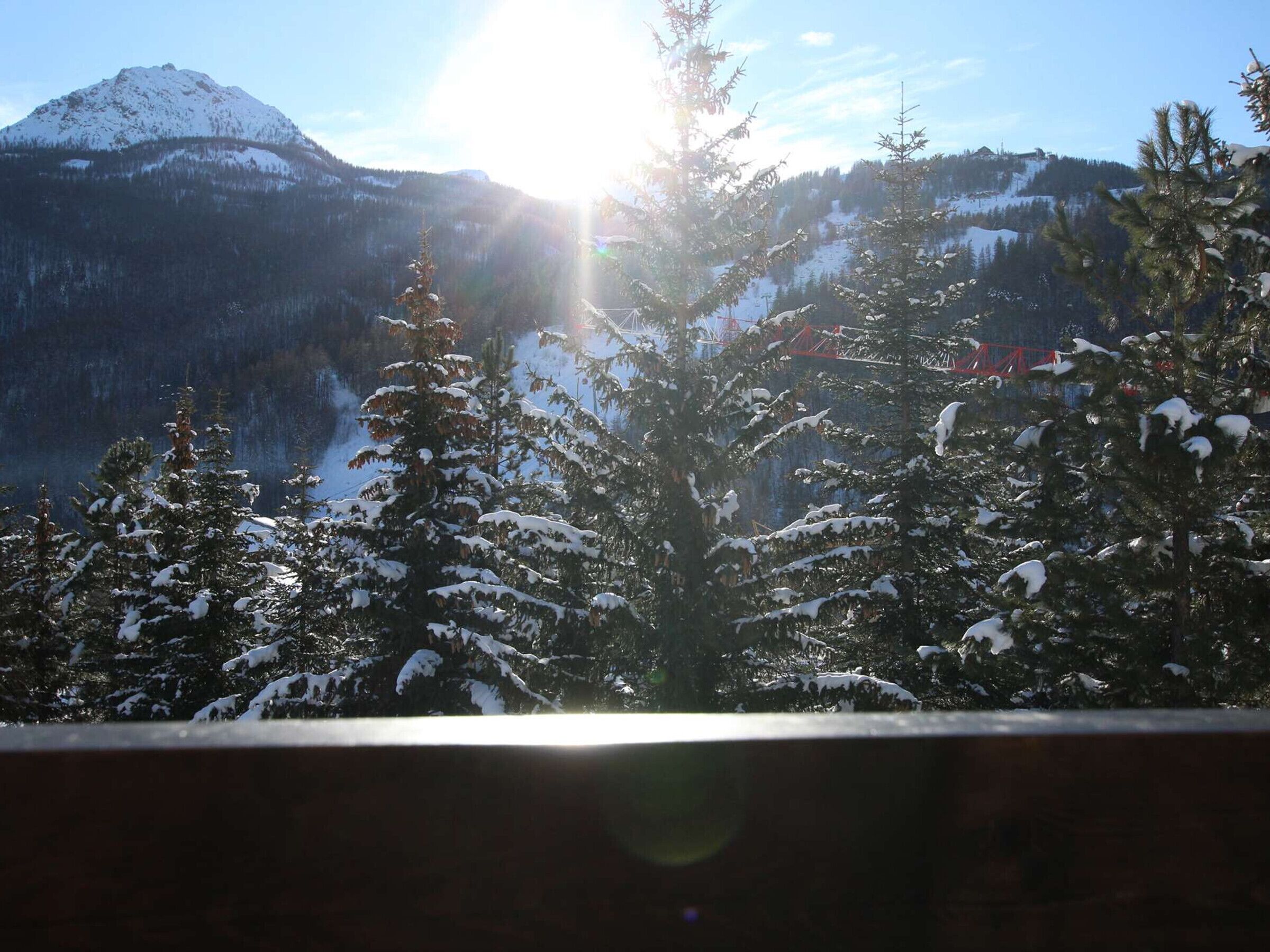 A mountain landscape with snow-covered trees and a clear sky.