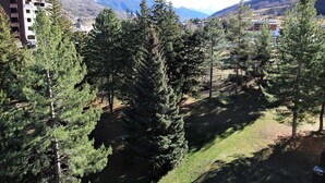 A residential area with tall pine trees, a grassy lawn, and a mountain backdrop. - Charming Studio for 4 in Serre Chevalier, Close to Slopes & Shops (La Salle-les-Alpes)