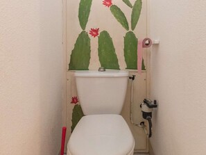 A small bathroom with a toilet, a toilet paper holder, and a wall with cactus and flower decals.