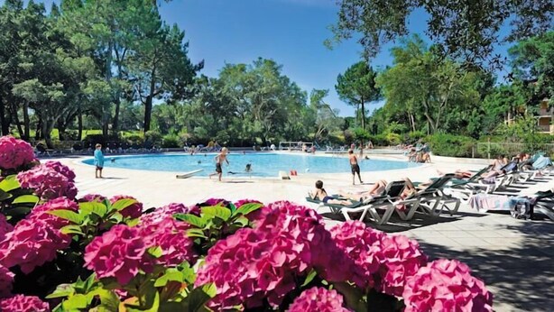 A pool area with people swimming and lounging, surrounded by trees and pink flowers. - Apartment in a residential leisure *** for 4 people (Moliets-Et-Maa)