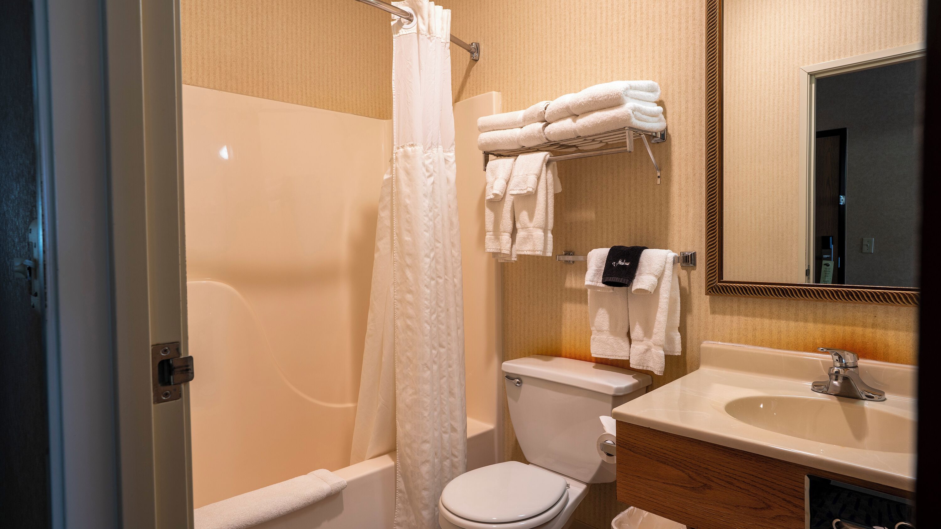 A bathroom with a shower, toilet, and sink.