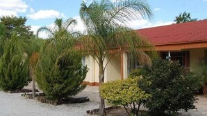 Una hilera de edificios de una planta con un camino de grava, rodeada de diversos árboles y arbustos.