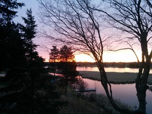 Vista tranquila de um lago, com árvores e um pôr do sol.