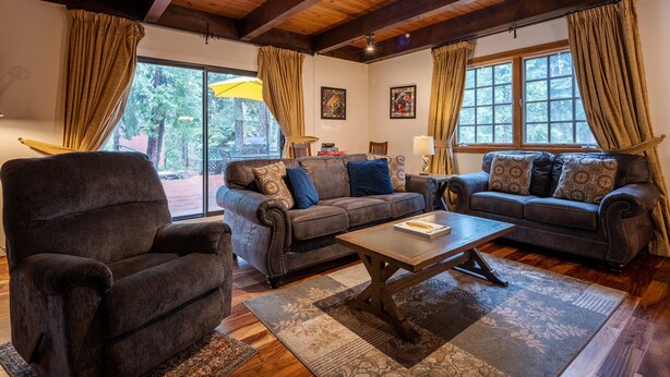 Een gezellige woonkamer met een bruine leren bank, een fauteuil en een salontafel. Er zijn twee ramen met gordijnen, een houten plafond en een vloerkleed.