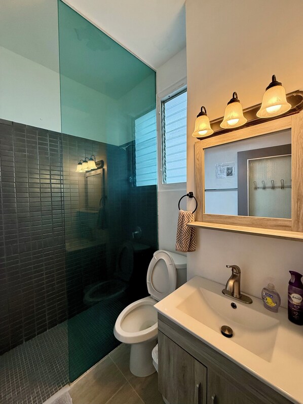 A modern bathroom with a glass shower enclosure, a toilet, a sink with a mirror, and a window.